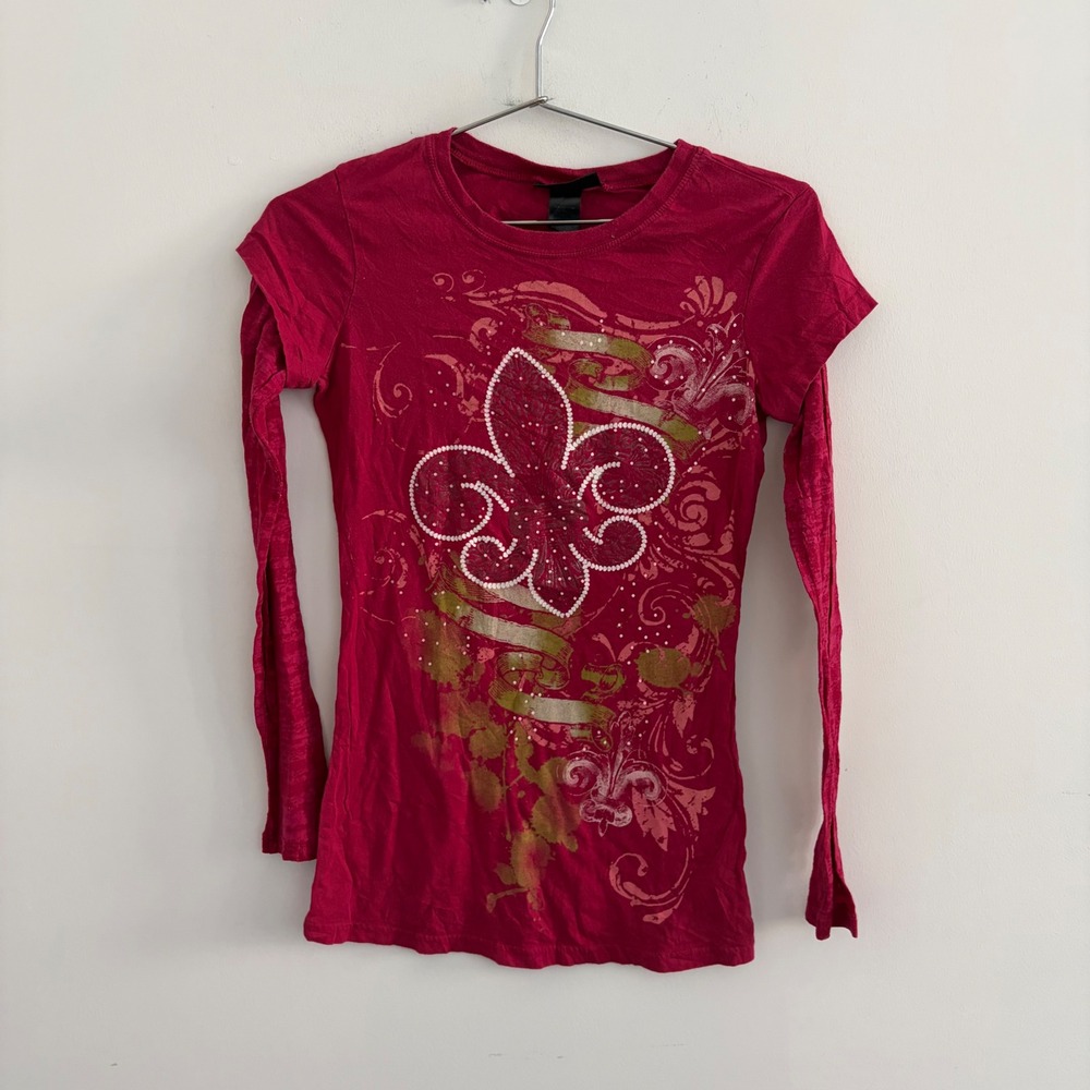 Self Esteem Y2K Fleur De Lis Graphic Layered Look Long Sleeve Shirt Red Medium